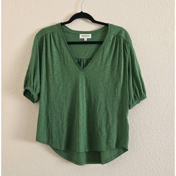 NATION Los Angeles 2025 Edie Shirred Elbow-Sleeve V-Neck Tee Green Lawn Size S - Picture 9 of 9
